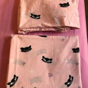 Retro 50’s Look Black Cat Faces Pink 1 Twin Flat & Fitted Sheet Cotton Bld NEW